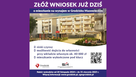 ZŁÓŻ WNIOSEK JUŻ DZIŚ o mieszkanie na wynajem w Grodzisku Mazowieckim, niski czynsz, możliwość dojścia do własności, przy wkładzie własnym ok. 40 000 zł, mieszkanie wykończone pod klucz. Nabór wniosków od 20 listopada 2024 r. do 31 stycznia 2025 r. Więcej informacji www.grodzisk.pl.zgmgrodzisk.pl